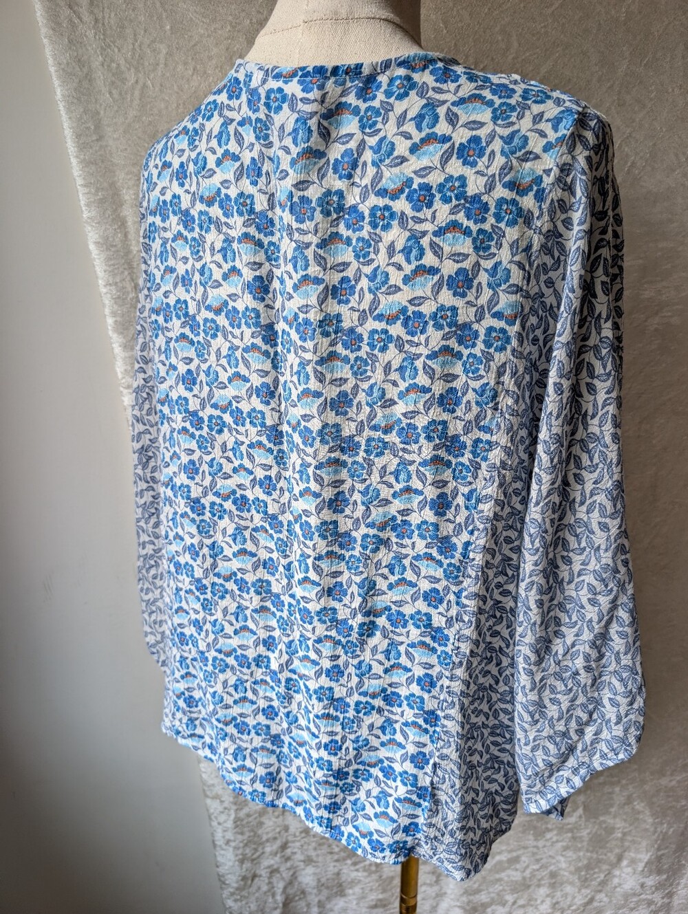 Zac & Rachel Blue Floral 3/4 Sleeve NV Neck Rayon Boho Trim Summer - Picture 4 of 6